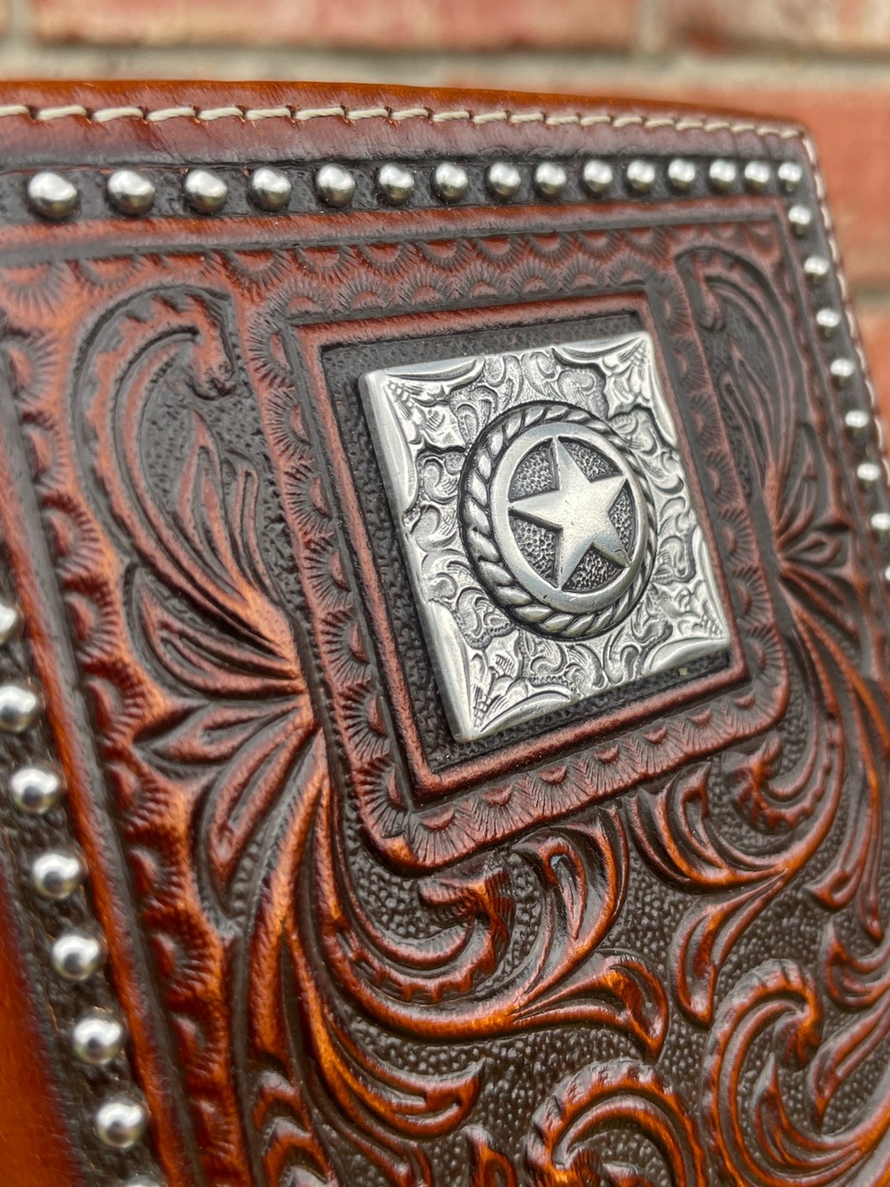 Nocona Mens Western Square Star Rodeo Wallet Brown Tooled Leather Cowboy Bifold - Picture 2 of 16